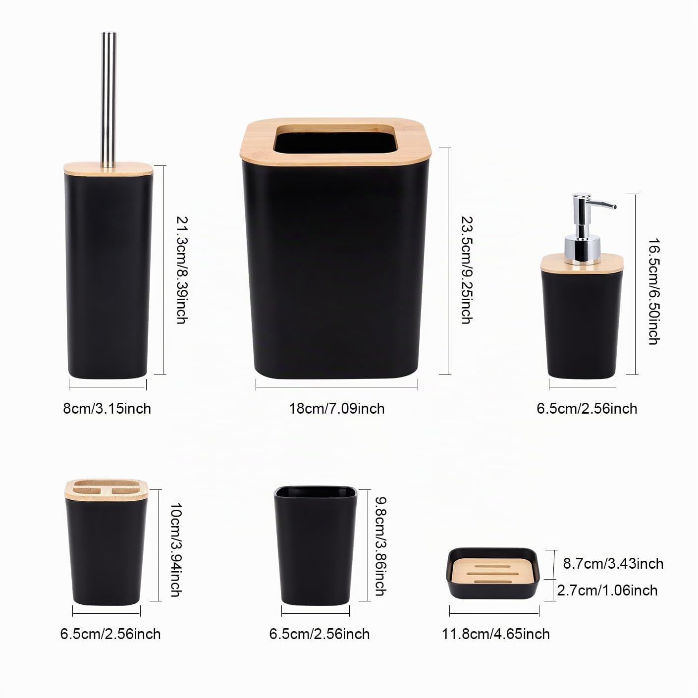 Set Bagno Accessori Completo - 6 Pezzi Set Accessori Bagno in bambù, set con bottiglie per lozione, portaspazzolino, tazza da denti, portasapone, spazzolino, cestino