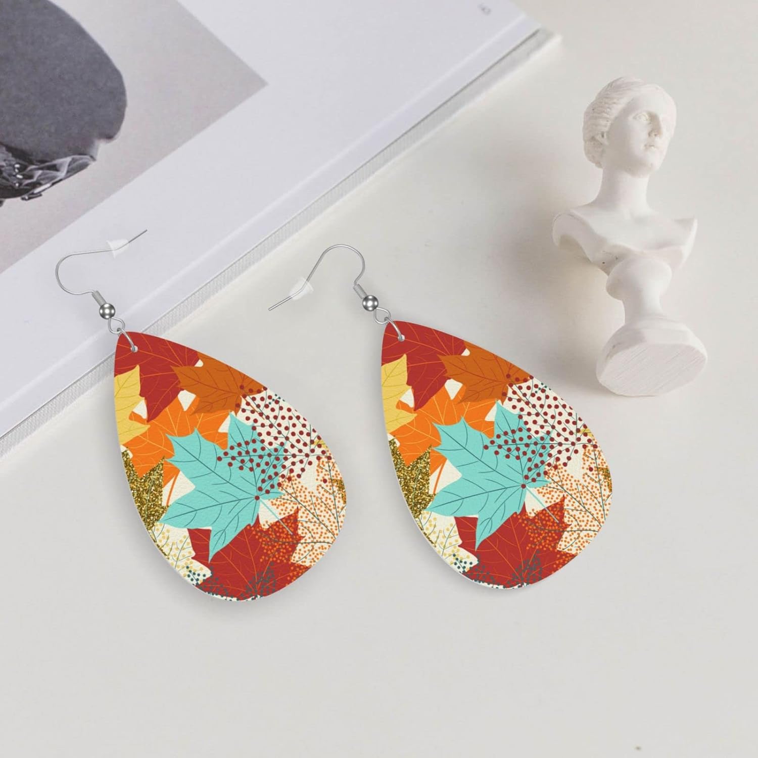 Colorful Autumn Fall Maple Leaves Faux Leather Teardrop Earrings for Women Drop Dangle Earrings Gift - Image 5