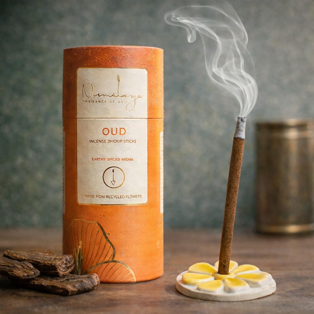 Nirmalaya 100% Natural Oud Dhoop Sticks for Pooja 40 Sticks| Bamboo Less Dhoop Sticks for Home/Office | Dhup for Puja with Holder Stand | Best for Long-Lasting fragrances