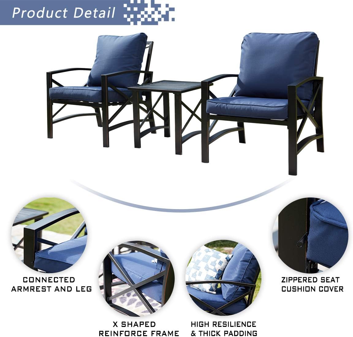 Festival Depot 3pcs Patio Bistro Set Metal Armchairs with Thick Cushions and Side Table All Weather Small Conversation Set Outdoor Furniture for Porch Balcony Deck (Blue)