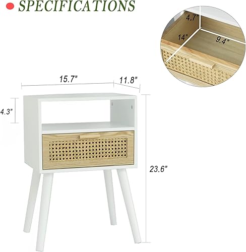 Miniatura 2 de MaxSmeo Mesita de noche blanca con cajón, mesita de noche moderna de mediados de siglo, mesa auxiliar de ratán, mesa auxiliar con almacenamiento