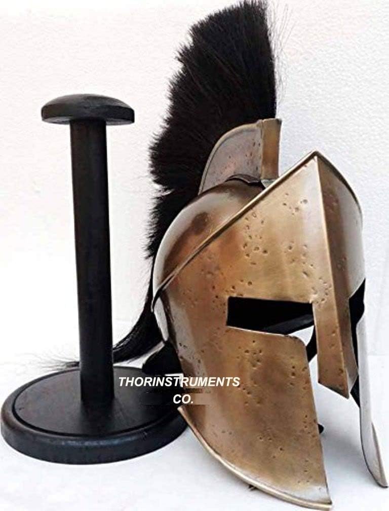 Medieval Armour King Leonidas Greek Spartan 300 Roman Helmet with Black Wooden Stand Black Plume Rustic Vintage Home Decor Gifts