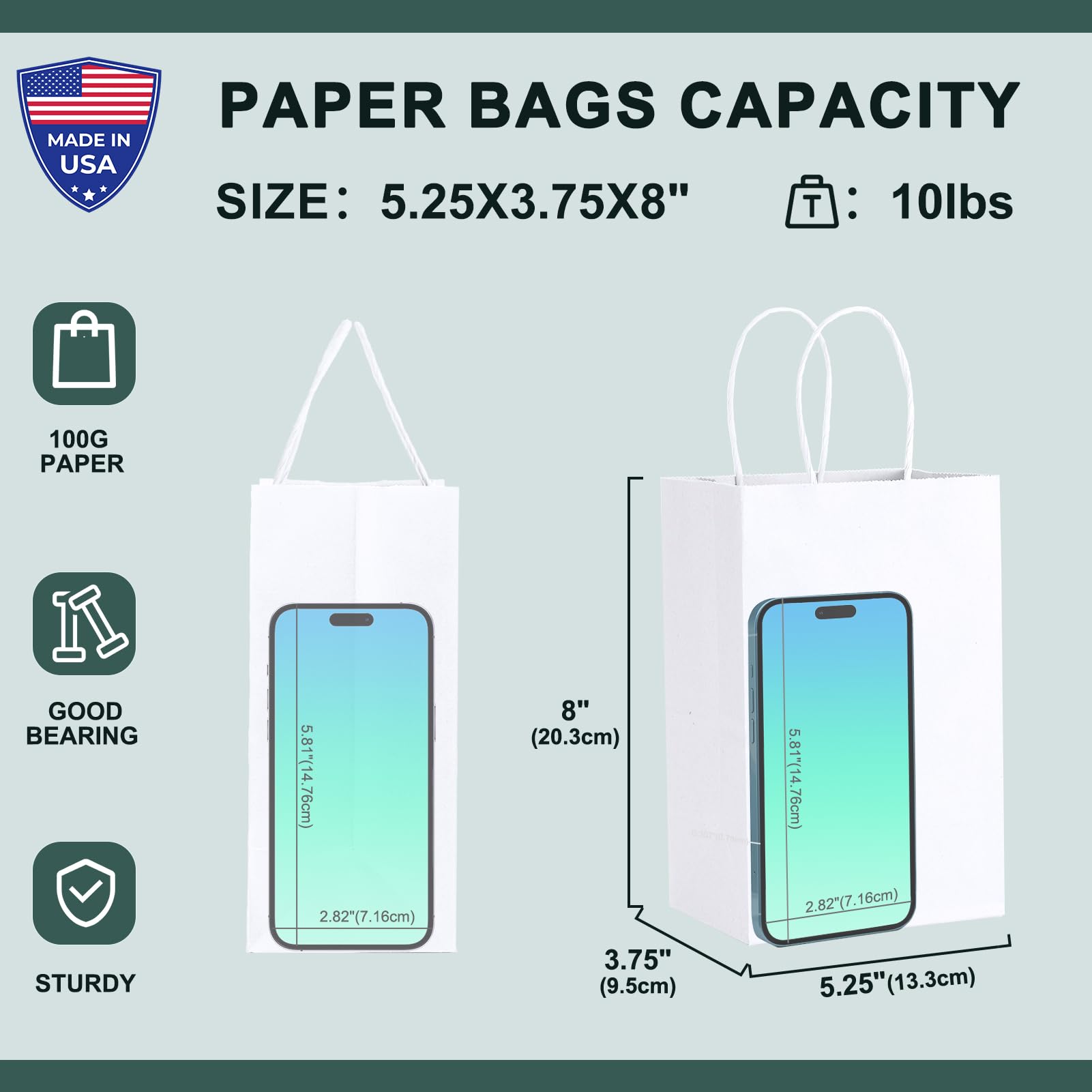 METRONIC Bolsas de papel para regalo, 5.25 x 3.75 x 8 pulgadas, 50 unidades, color blanco