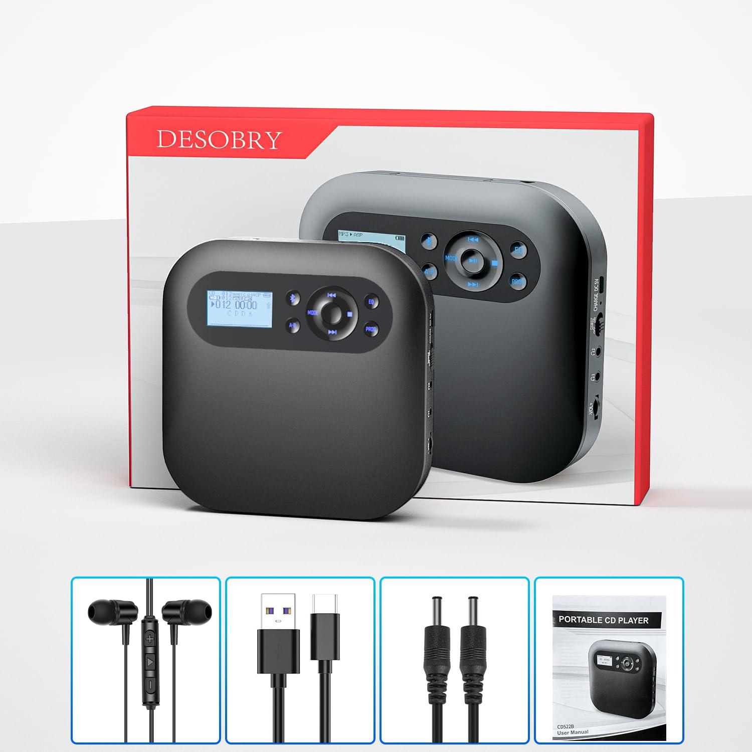 DESOBRY Reproductor de CD portátil con Bluetooth y Altavoces, Discman CD portatil Recargable para automóvil con FM, Anti-Skip, Reproductor CD con Tomas de Auriculares duale