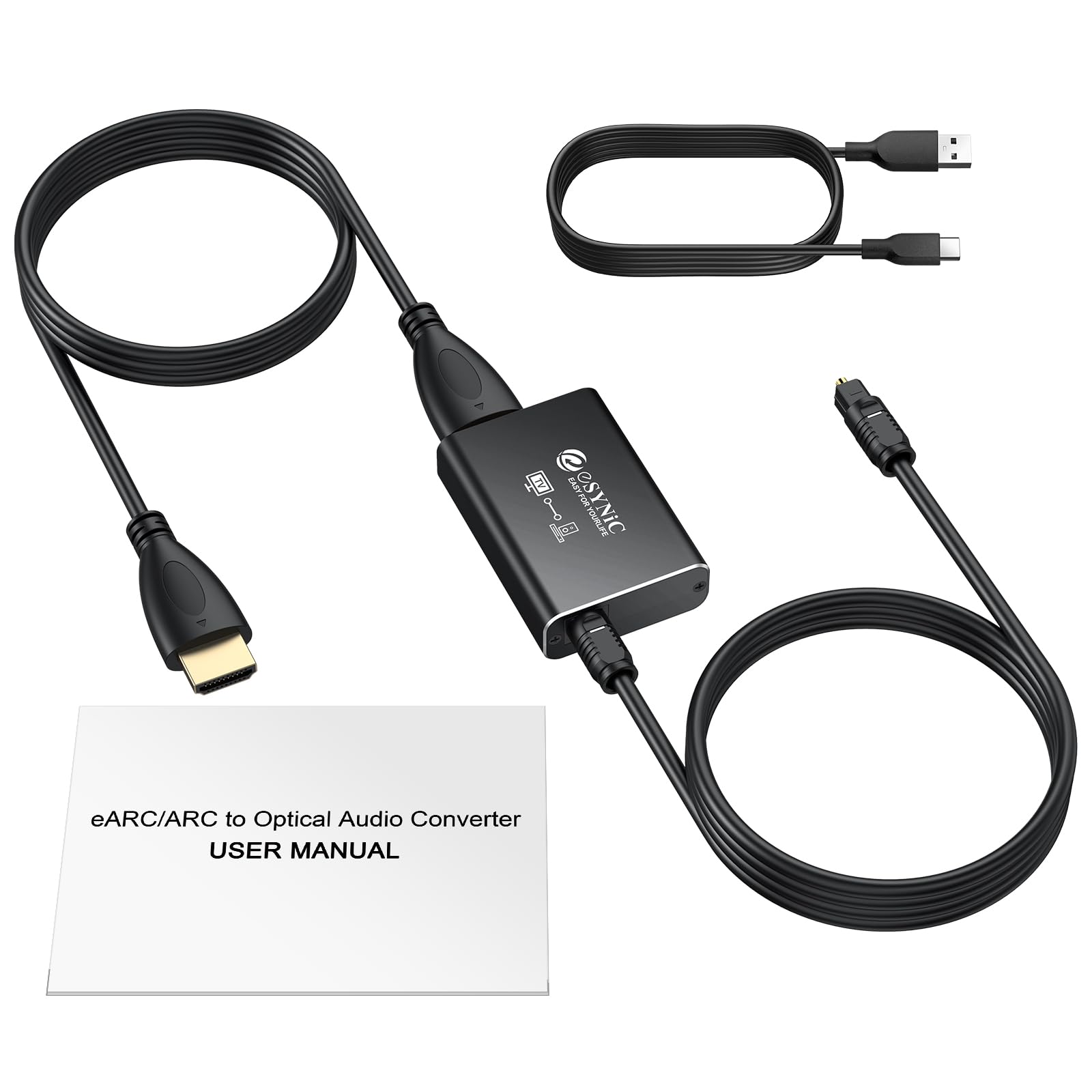 eSynic 192KHz Convertitore Audio da eARC/ARC HDMI a Ottico per HDTV a Soundbar Cuffie Wireless Home Theater, eARC ARC Audio Extractor Professionale, Cavi HDMI e Ottico Inclusi, Supporta 5.1ch e 2.0ch