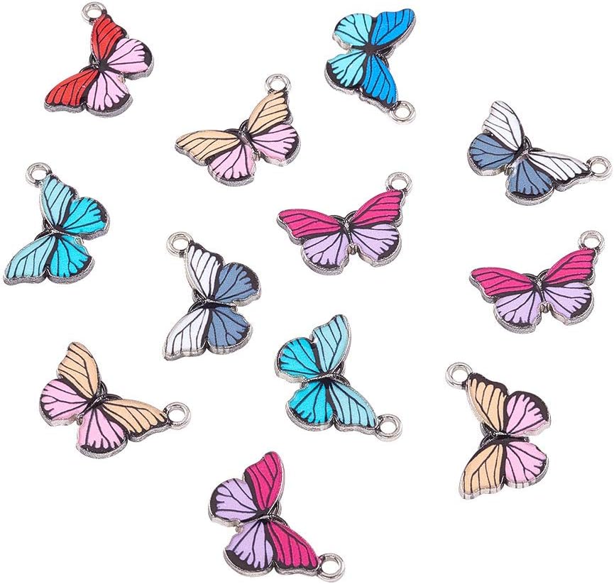 LiQunSweet 10 Pcs Alloy Enamel Butterfly Charms Metal Pendants Mixed Color Antique Silver Plated in Bulk for Jewelry Making DIY Accessories - 15x20mm