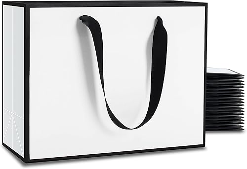 YACEYACE 20 bolsas de regalo de tamaño mediano en blanco y negro con asas de cinta, bolsas de bienvenida de boda de papel grueso