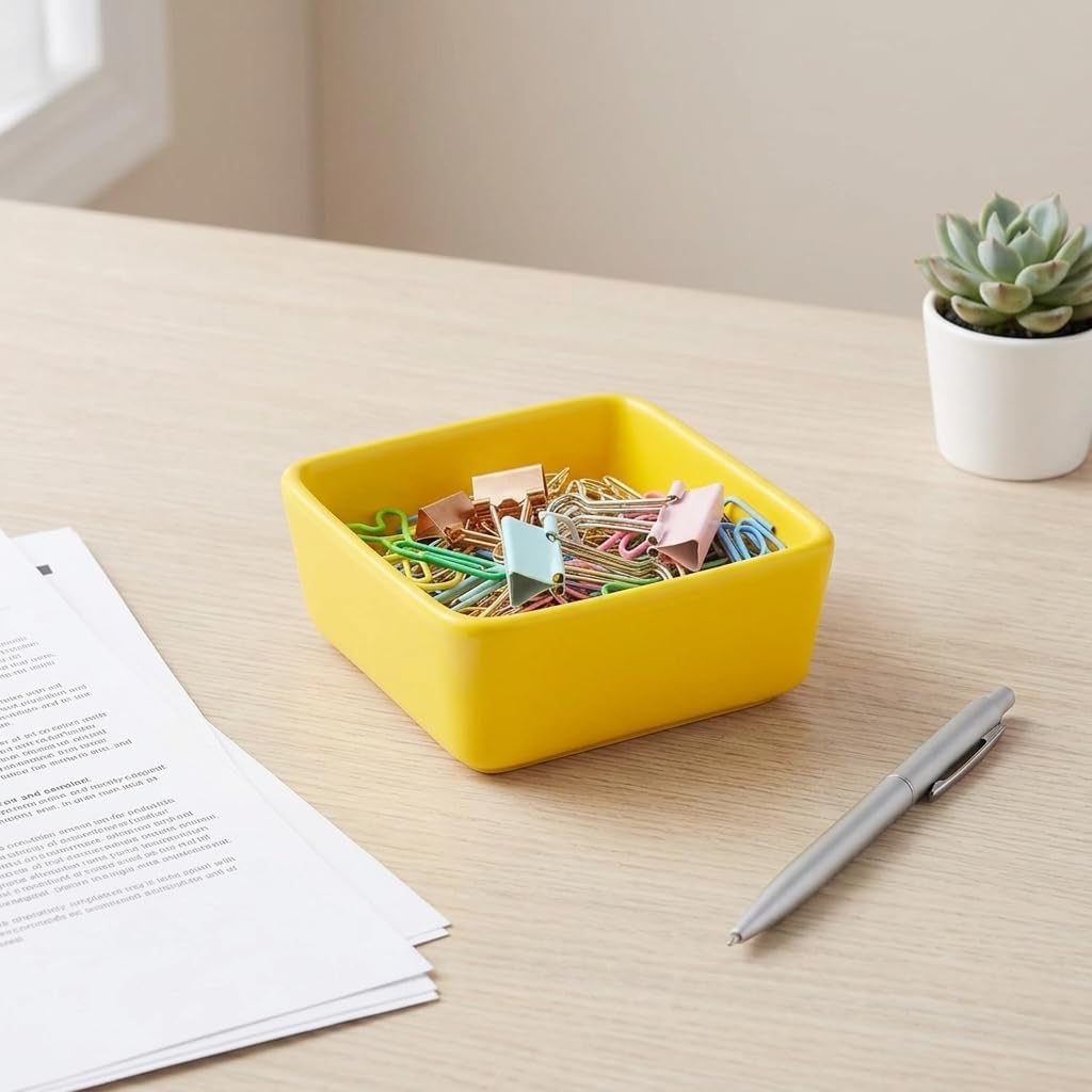 Ceramic Paper Clip Holder Square Desktop Paper Dispenser Yellow
