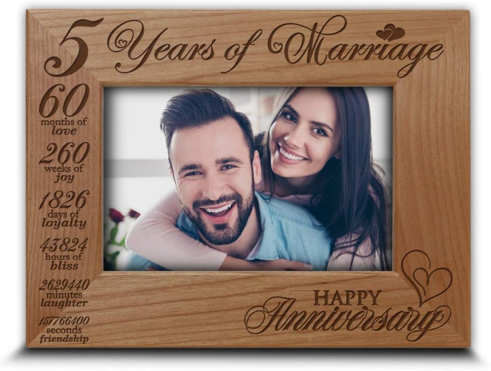 BELLA BUSTA-5 years of marriage - Engraved Real Wood Picture Frame (4 x 6 Vertical)