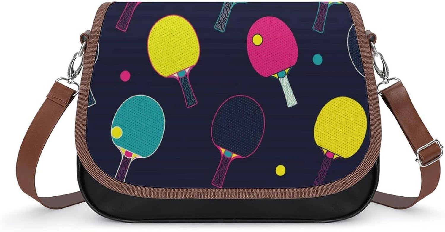 Colorful Ping Pong Balls And PaddlesWomen's Faux Leather Crossbody Bag, Waterproof Wrinkle-Resistant Shoulder Bag with Detachable Strap, Large Capacity Casual Handbag, Fashion Daily Purse for Shopping