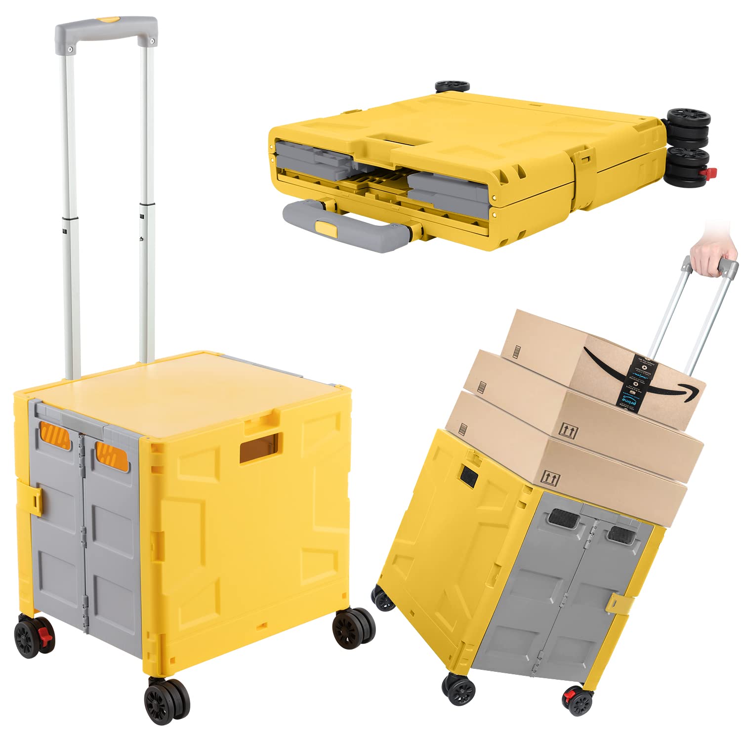 Foldable Shopping Utility Cart Portable Rolling Crate Handcart with 360°Rotate Wheel,Hidden Lid,Telescoping Handle Collapsible for Travel Shopping Moving Storage Office Use(Yellow/Gray)