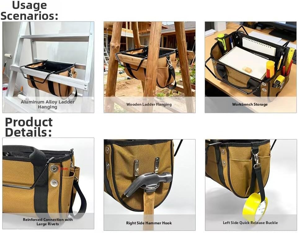 Ladder Tool Bag Robust Construction Multiple Storage Compartments Practical Side Pockets for Handymen & Professional Trade Work Scenarios