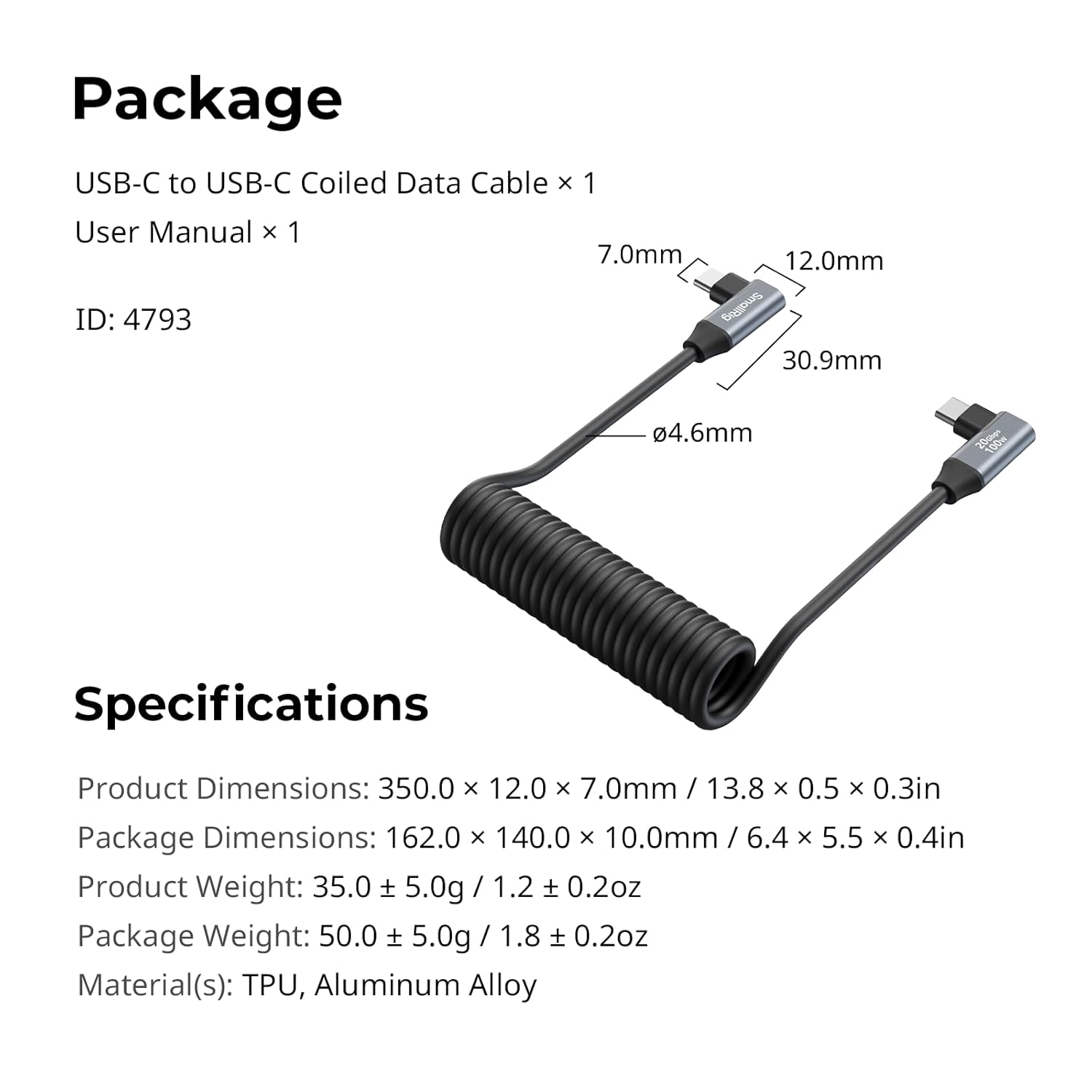 SMALLRIG USB C to USB C Coiled Data Cable (Angled to Angled), 90 Degree Type C Cable 20Gbps High Speed Data Transfer, Support PD 100W Fast Charging, for iPhone, Laptops and Cameras etc. - 4793 - Image 7