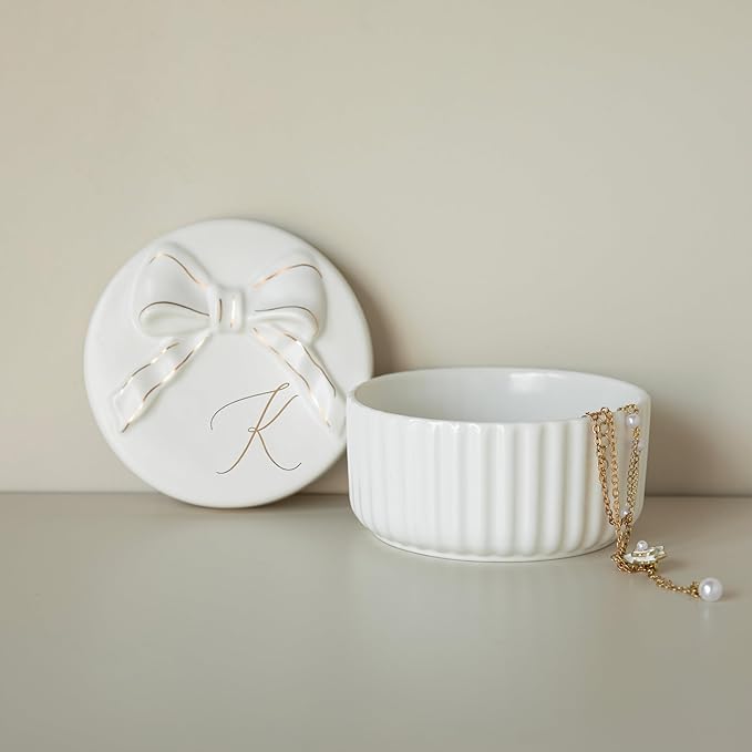 Caja Joyero Cerámica Monograma Inicial con Lazo Blanco y Dor