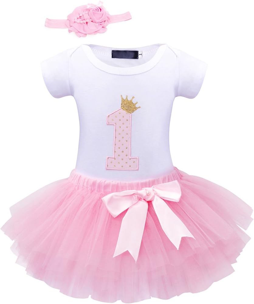 AmzBarley Baby Girls Romper Dress for 1st Birthday Party Gifts Tulle Tutu Skirt Outfits Short Sleeves Clothes with Bowknot Headband