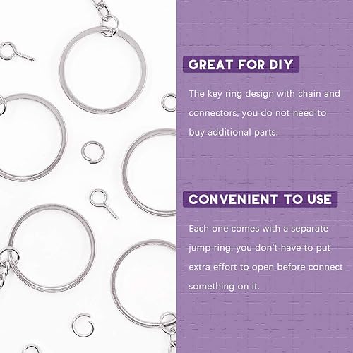 Miniatura 4 de Swpeet Juego de 300 llaveros planos plateados de 75 pulgadas y 1.378 in, incluye 100 llaveros divididos con cadena y 100 anillos de salto con 100