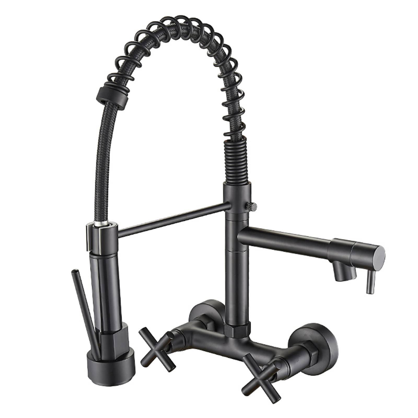 RAEZWJTDC Kitchen Fauce with Pull Down Sprayer Dual Holes Wall Mount Spring Kitchen Sink Faucet 360° Rotation Brass Double Cross Knobs Hot Cold Water Kitchen Mixer Tap,Black(Black)