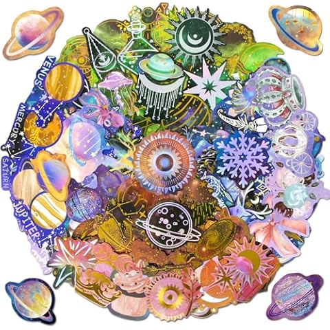 Hwook Silver & Gold Foil Galaxy Stickers, 210Pcs Waterproof Vinyl Decals for Laptop, Water Bottle, Suitcase, Kids, Teens and Adults Cover