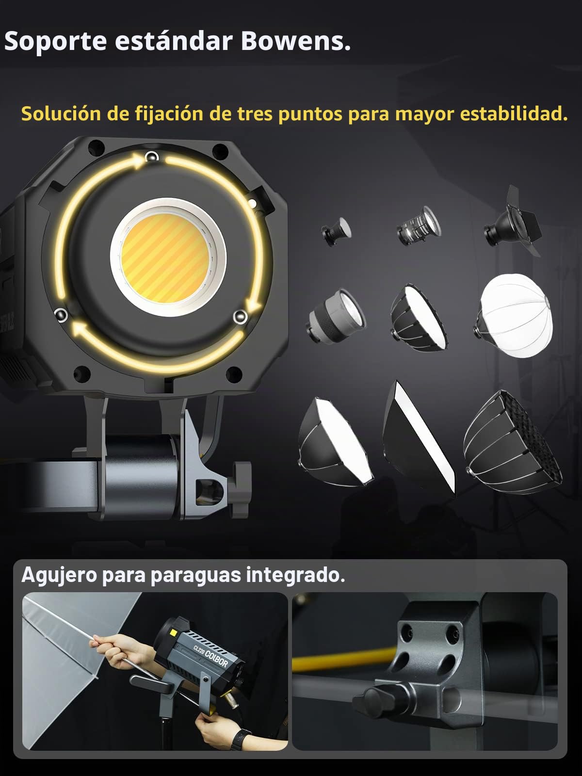 Luz de Video, COLBOR CL220M 220W Luz Continua Fotografia 5600K Daylight CRI96+ 10,800Lux@1m COB Lámpara Studio con Montura Bowens App 7 Efectos de Iluminación, Luz-Video-LED-Estudio-Fotografía
