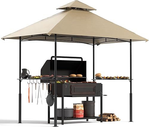 FUNG YARD Gazebo de parrilla de 8 x 5, cenador de patio de doble techo con 2 prácticos estantes, marco de acero resistente, 7 herramientas de