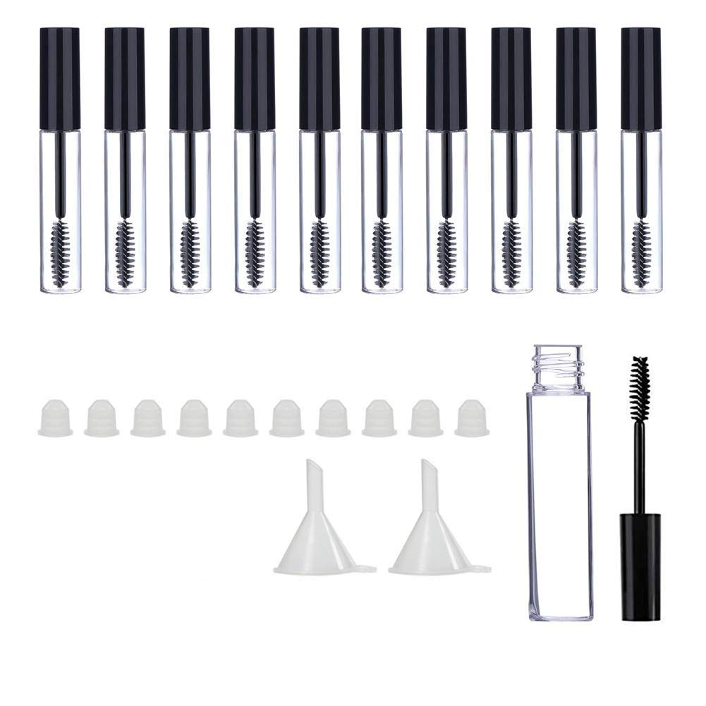 10Pcs 10ml Empty Mascara Tube and Wand, DIY Mascara Container with Cap, Eyelash Tubes Vials Bottle with Rubber Inserts and Funnels Kit for Castor Oil(Black)