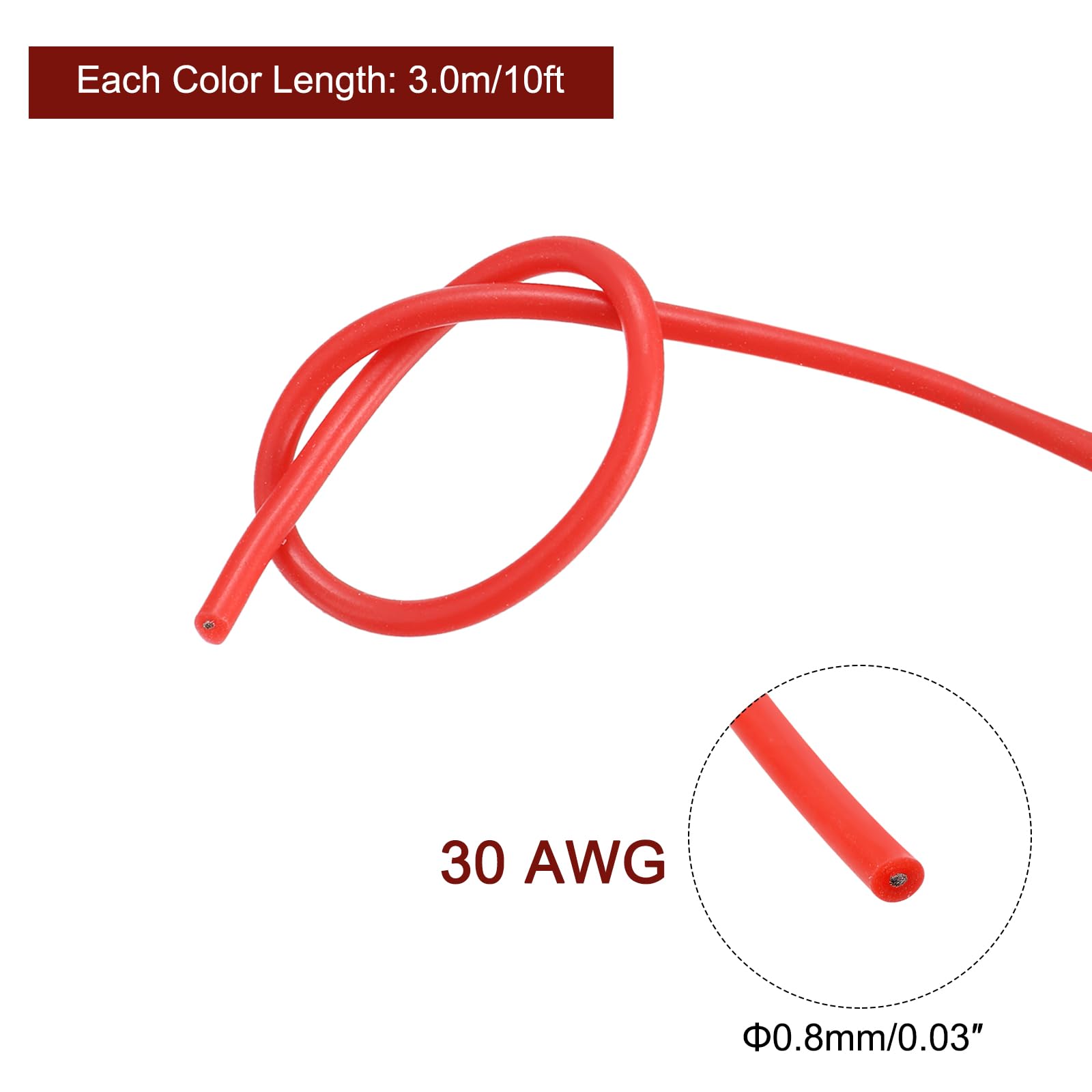 sourcing map 30AWG kabel elektryczny 3 m, drut pleciony, silikonowy, ocynkowany drut miedziany, każdy 0,05 mm², solidny przewód elektronika do modeli RC, lamp gospodarstwa domowego, 6 kolorów