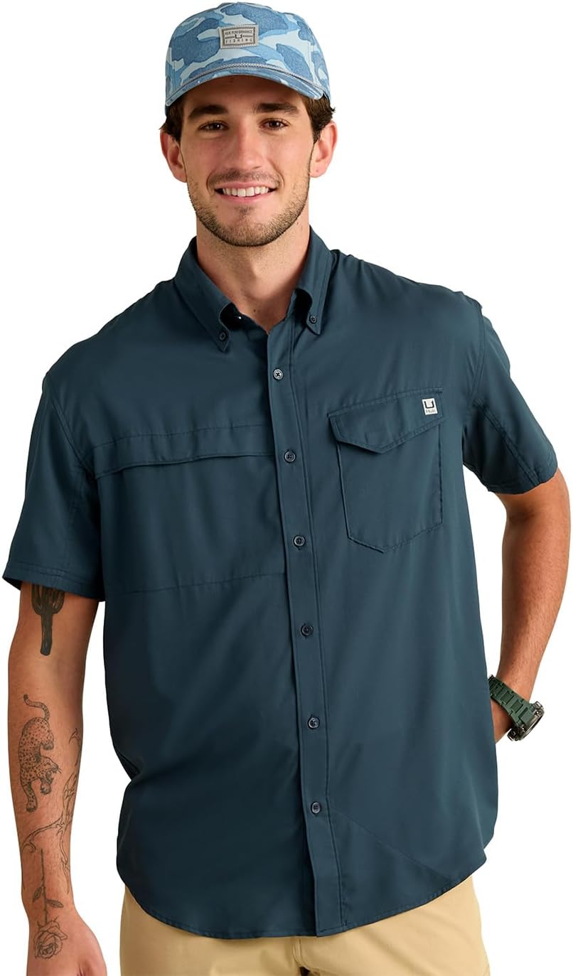 HUK Men's Tide Point Kc Scott Original Artwork Short Sleeve Shirt, Fishing Button Down