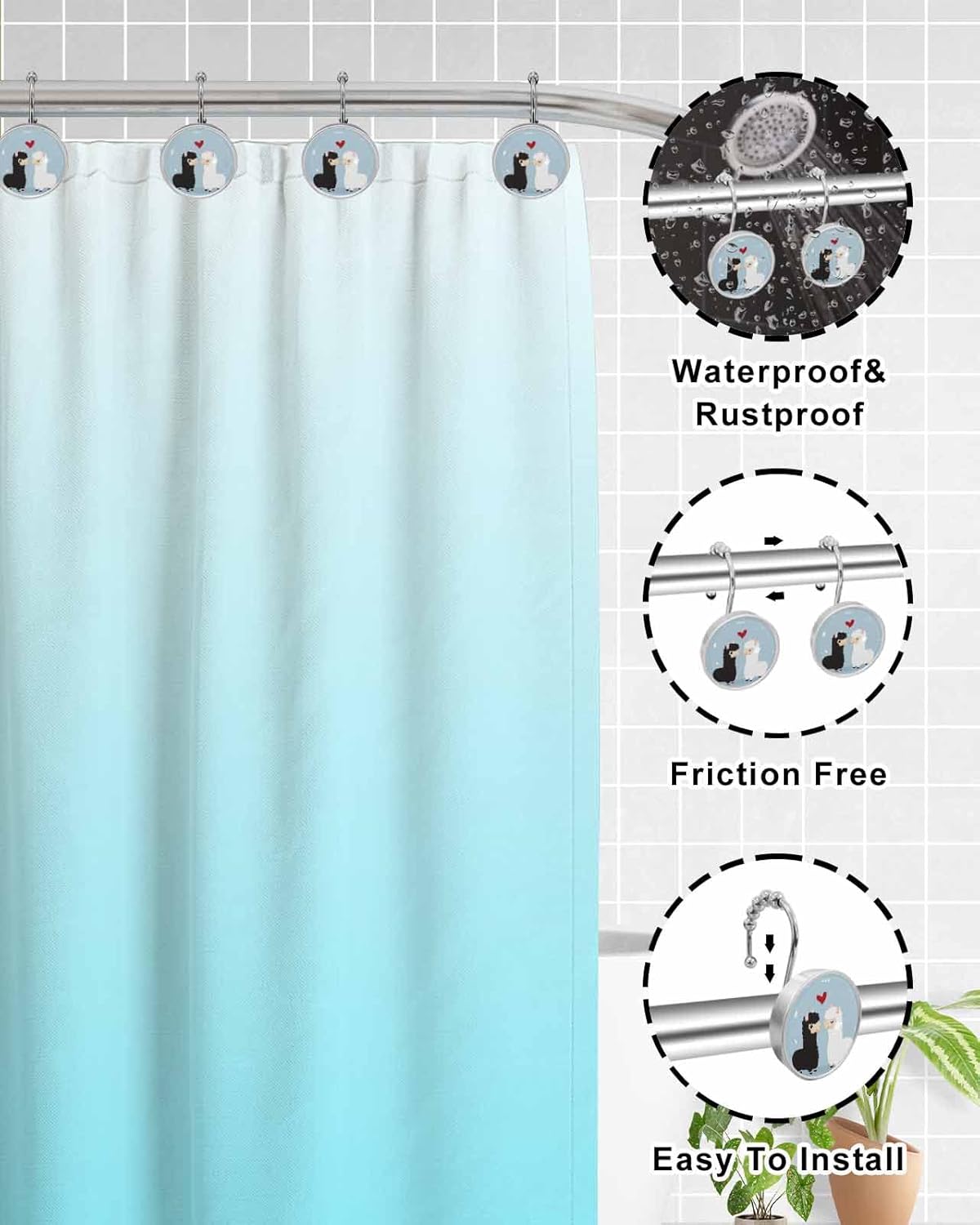 Shower Curtain Hooks Set of 12 Cute Cartoon Alpaca Couple Crystal Glass Shower Curtain Rings for Bathroom Decorative Stainless Steel Rust Proof Roller Shower Curtain Hangers