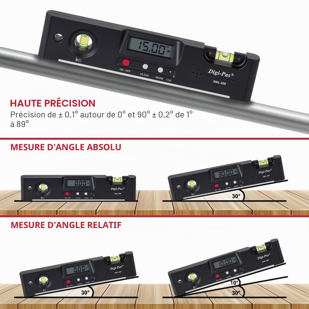 Digi-Pas DWL200 Torpedo Niveau à bulle électronique 20cm/0,1 °Résolution