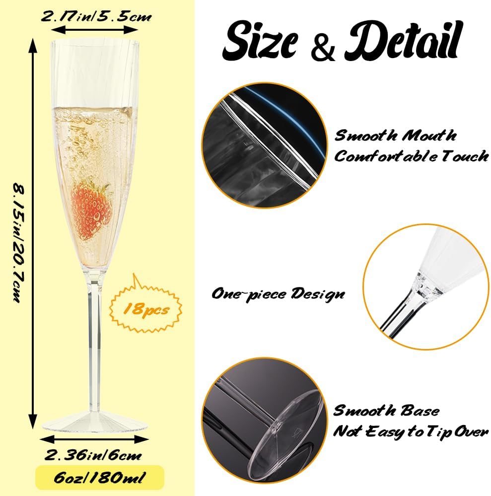 24 Pcs Clear Plastic Champagne Flutes, Hard Disposable Plastic Champagne Glasses, One Piece Design Wine Glasses Cocktail Cups for Home Daily Life Party Wedding Toasting Drinking (24Pcs-6OZ/180ML) - Image 5