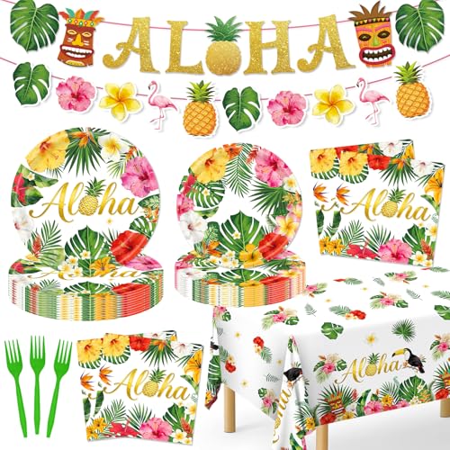 REDWORD Luau Party Decorations, 99Pcs Hawaiian Plates and Napkins-Serve 24 With Aloha Banner Tablecloth Disposable Luau Plates Set for Hawaiian Tropical Summer BBQ Party Decorations