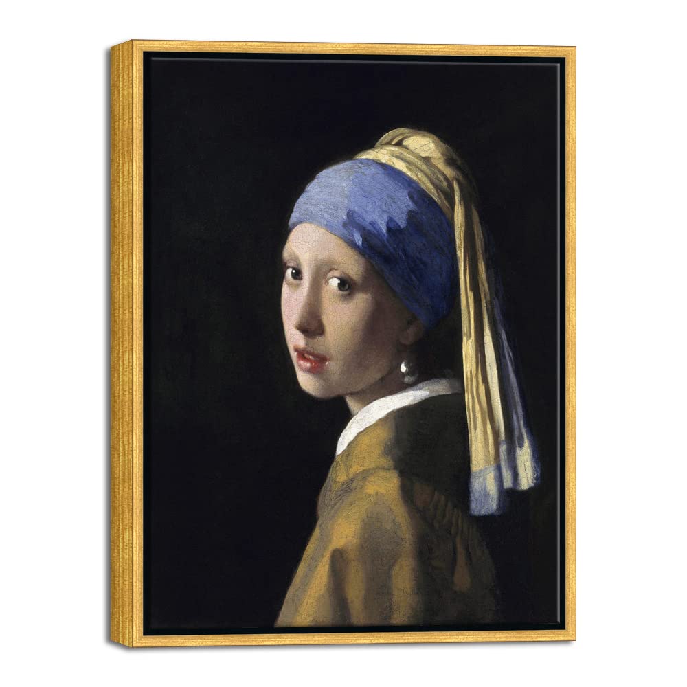 Wieco Art Framed Canvas Art the Girl with a Pearl Earring by Jan Vermeer Oil Paintings Reproduction Abstract Canvas Prints for Home Living Room
