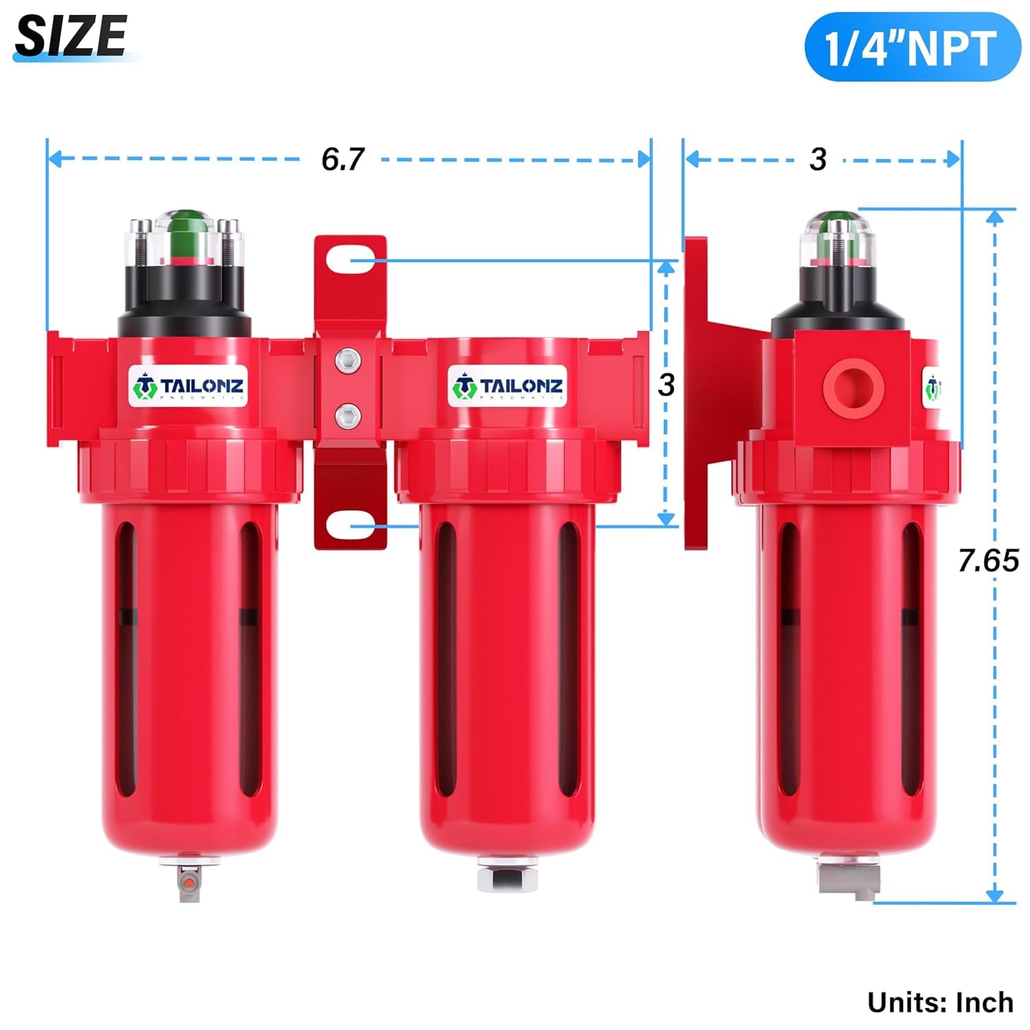 TAILONZ PNEUMATIC Sistema de secado de filtro de aire de aleación de aluminio NPT de 0-150 PSI, filtro de partículas, filtro coalescente, filtración y secado de secadora desecante