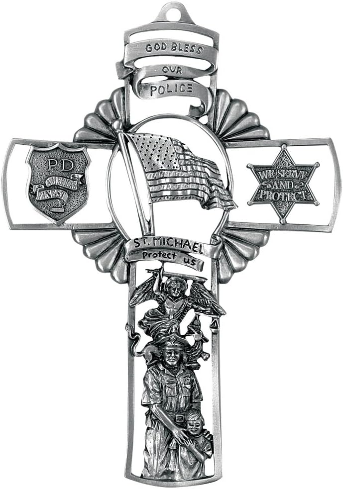 Pewter God Bless Our Police Saint Michael Wall Cross in Antique Finish, 5 Inch