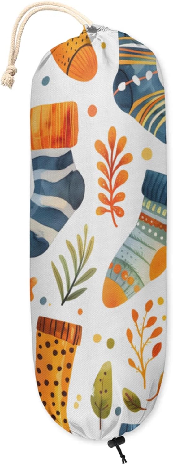 Plastic Bag Holder Christmas Stocking Print Grocery Bag Holder Organizer with Hanging Loop Wall Mount Trash Bag Dispenser for Home Kitchen Pantry Cabinet