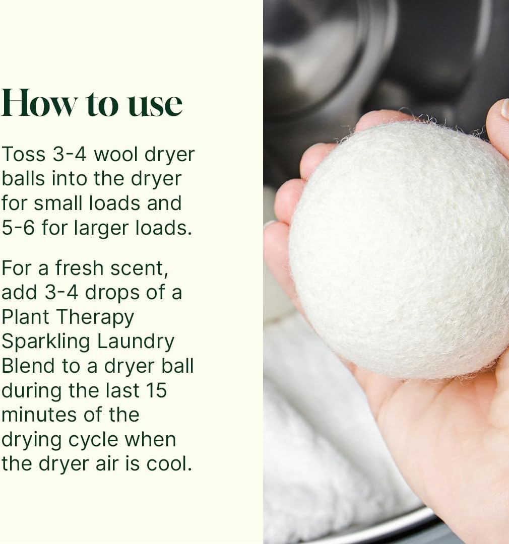 Plant Therapy Home Wool Dryer Balls 6-Pack 100% New Zealand Wool, Extra Large, Eco-Friendly, Reusable Natural Fabric Softener, All Natural & Chemical Free