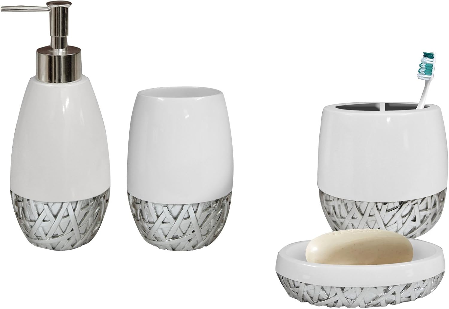 nu steel Bali (Set of 4) Bath Accesory Set in Premium Resin and Chrome: Includes Soap Dish, Toothbrush Holder, Tumbler, Soap/ Lotion Dispenser