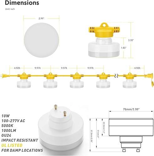 Miniatura 3 de Luz de trabajo temporal LED, 50 pies, 50 W, 5000 lúmenes, 5000 lúmenes, 5000 K, 120-277 V CA, 5 enchufes LED de construcción de cadena de luz de