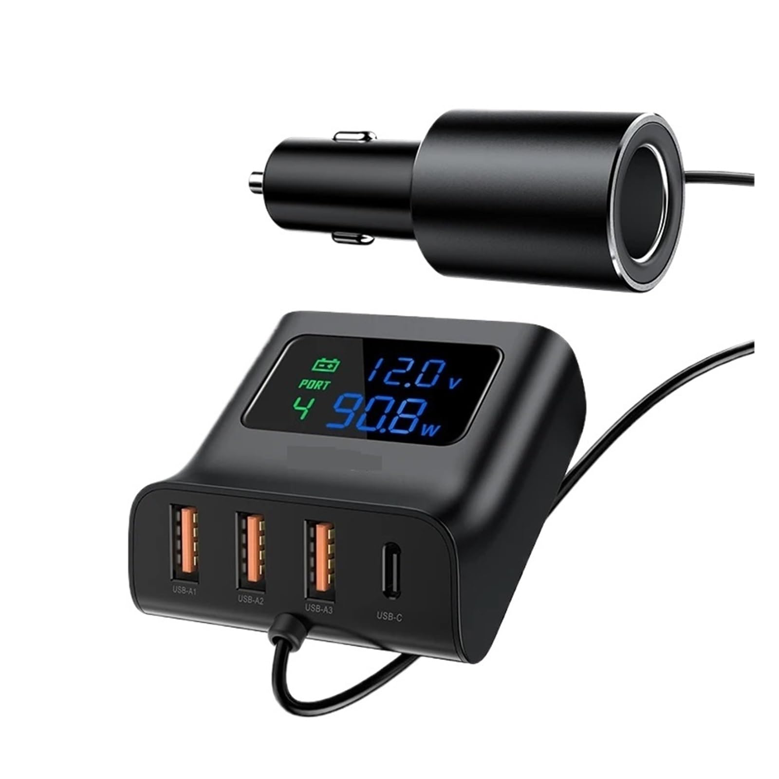 4-portowe Rozgałęźniki Ładowarki Samochodowej USB PD QC3.0 90W Wyświetlacz LED Woltomierz Stacja Dokująca Szybkie Ładowanie Szybki Sejf