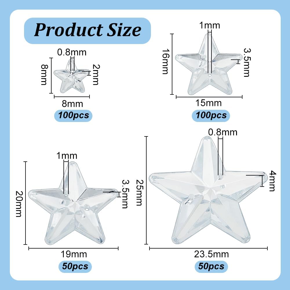 OLYCRAFT 300Pcs Star Shape Sew on Rhinestones 8/16/20/25mm Clear Acrylic with 2 Holes Faceted Acrylic Rhinestones with Flat Plated Back Stars for Clothes Bags Decorations