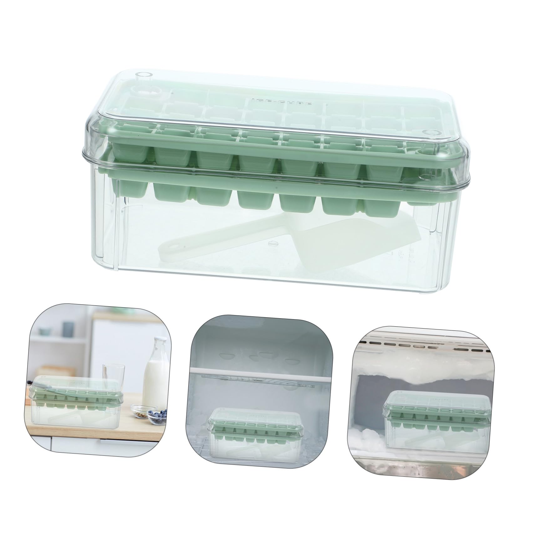 WOONEKY Bandeja para Cubitos de Hielo Doble con Tapa y Contenedor Molde Reutilizable Transparente Verde para Hacer Cubitos Fáciles de Extraer Frigorífico Doméstico
