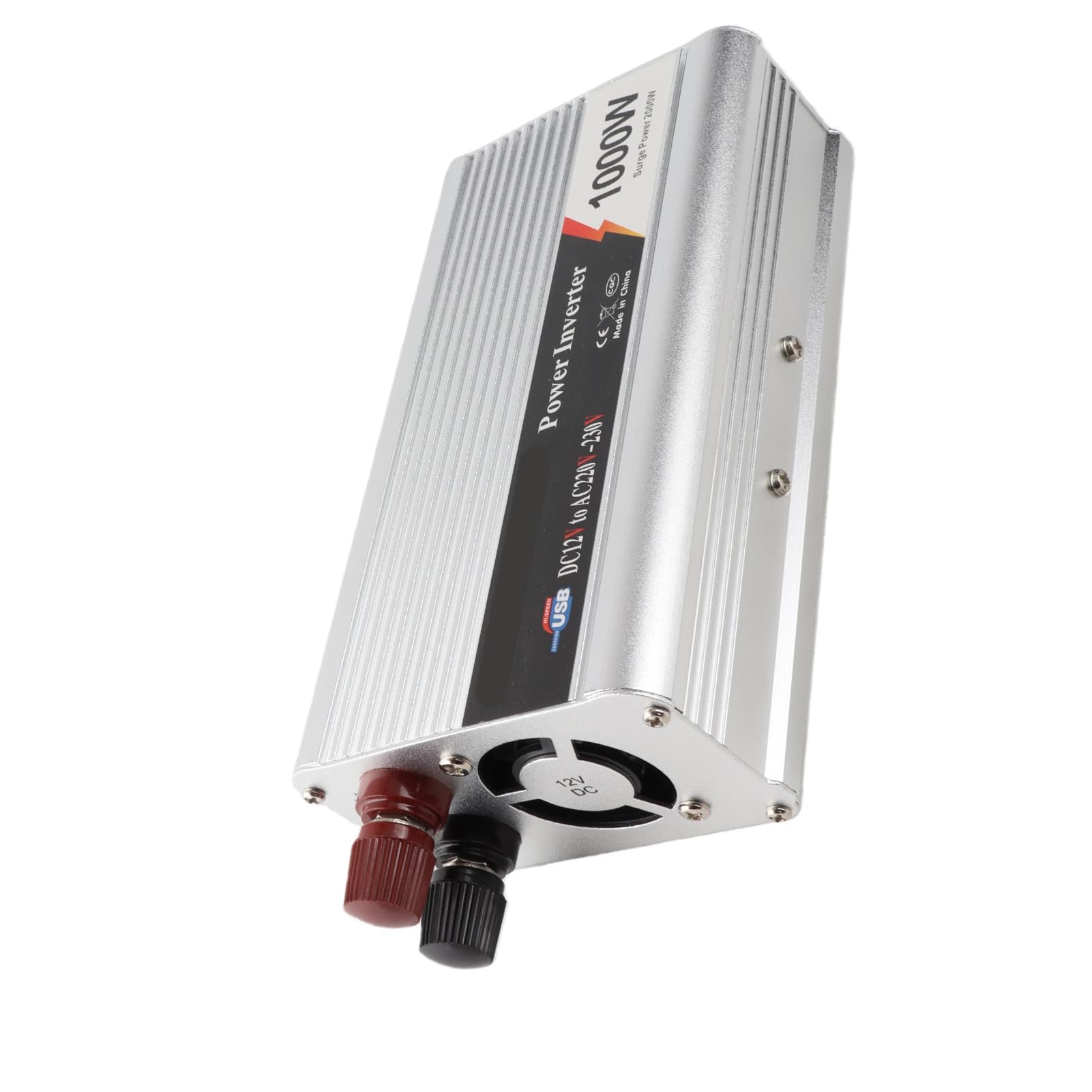 Fabater Falownik Samochodowy 1000 W, DC 12 V do 220–230 V AC Przetwornica Samochodowa z Portem USB, Cichy Wentylator Chłodzący, Moc Szczytowa 2000 W, Stop Aluminium, Wielokrotne Zabezpieczenia