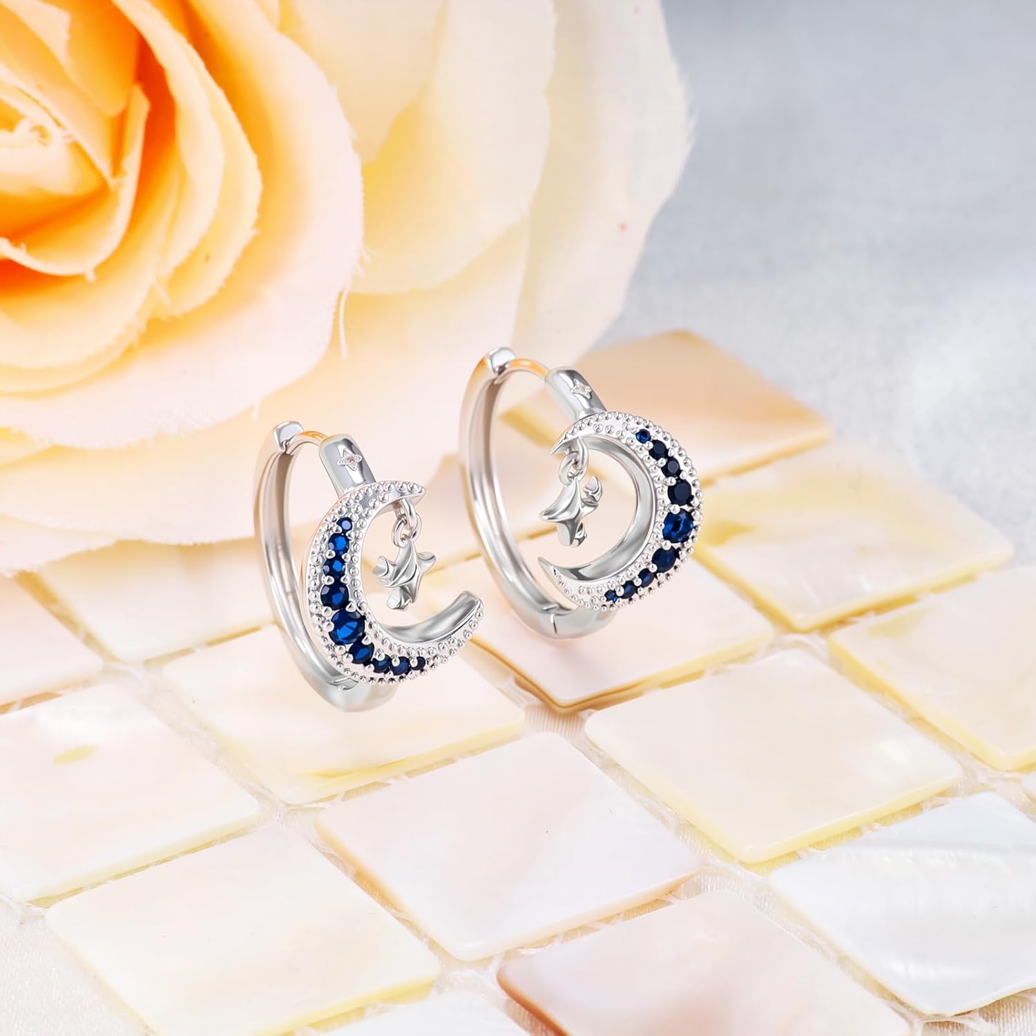 Sterling Silver Earrings for Women Huggie Hoop Charms Cubic Zirconia Star Moon Hypoallergenic Fashion White Gold Plated for Sensitive Ears Dainty Jewelry Birthday Gift - Image 6