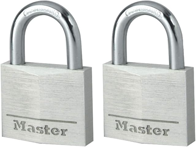 Master Lock 9140EURT Pack of 2 Key Padlocks in Aluminium, Grey, 4 x 5.9 x 1.3 cm