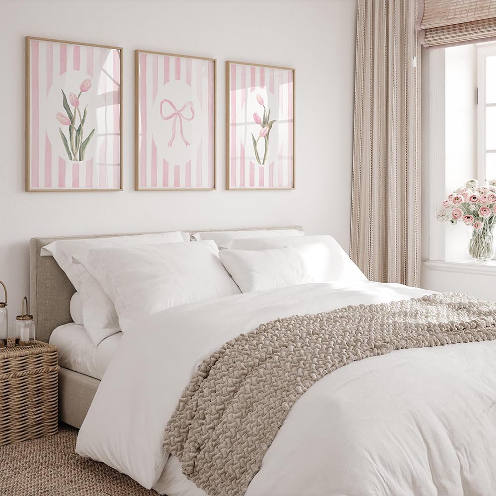 Kailitry Trendy Pink Bows Poster Wall Art Set of 3 Striped Floral Prints Tulips Watercolors Preppy Room Decor Bedroom Wall Decor 12x18inchx3pcs unframed