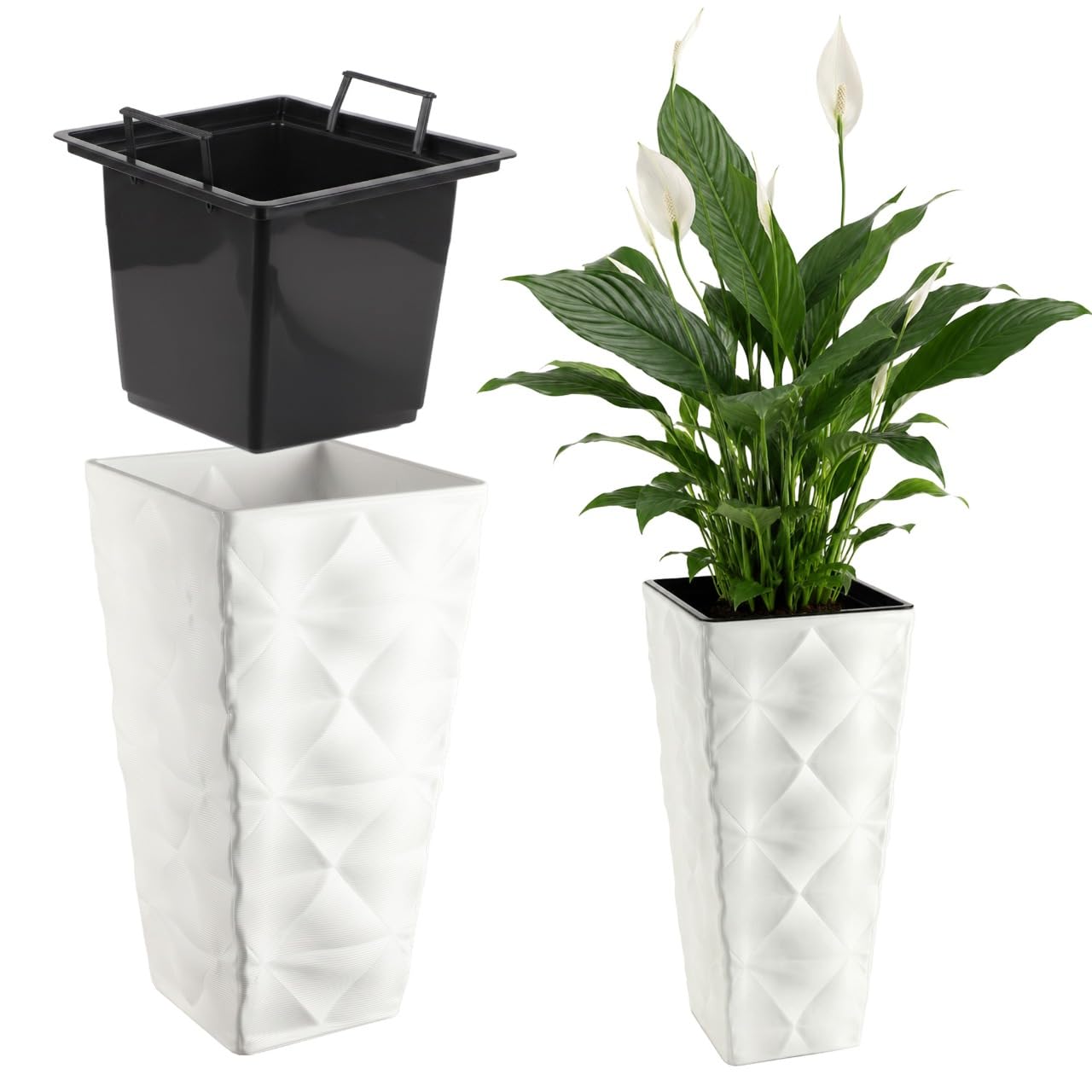 KADAX - Vaso alto in plastica con effetto 3D, grande vaso per fiori per uso interno ed esterno, vaso quadrato con inserto (bianco, 74,5 cm)