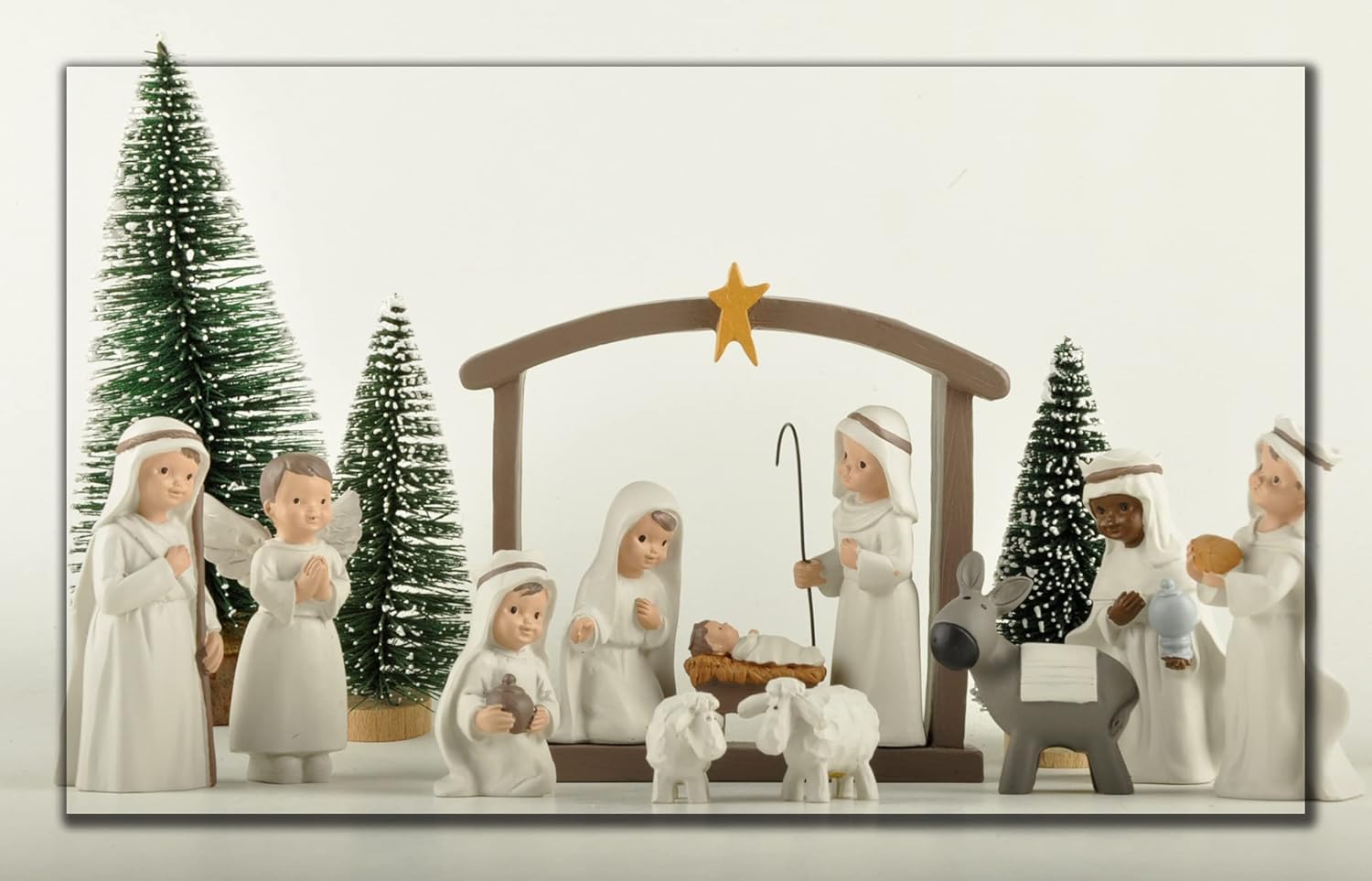 MeritMode Weihnachtskrippen-Set, 12-teilig Heilige Familie Figur handbemalt Mini Deko religiöse Weihnachtsfiguren Krippenfiguren Krippenfiguren inkl. Jesuskind, Maria und Josef, Kunstharz, cremeweiß