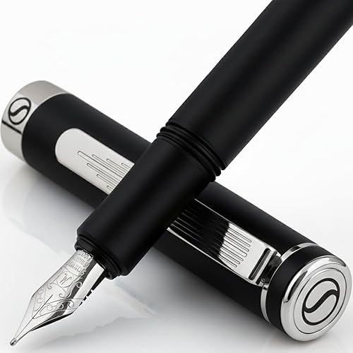Scriveiner Pluma estilográfica de lujo, color negro mate medio con acabado cromado, punta alemana Schmidt, convertidor, el mejor juego de regalo de