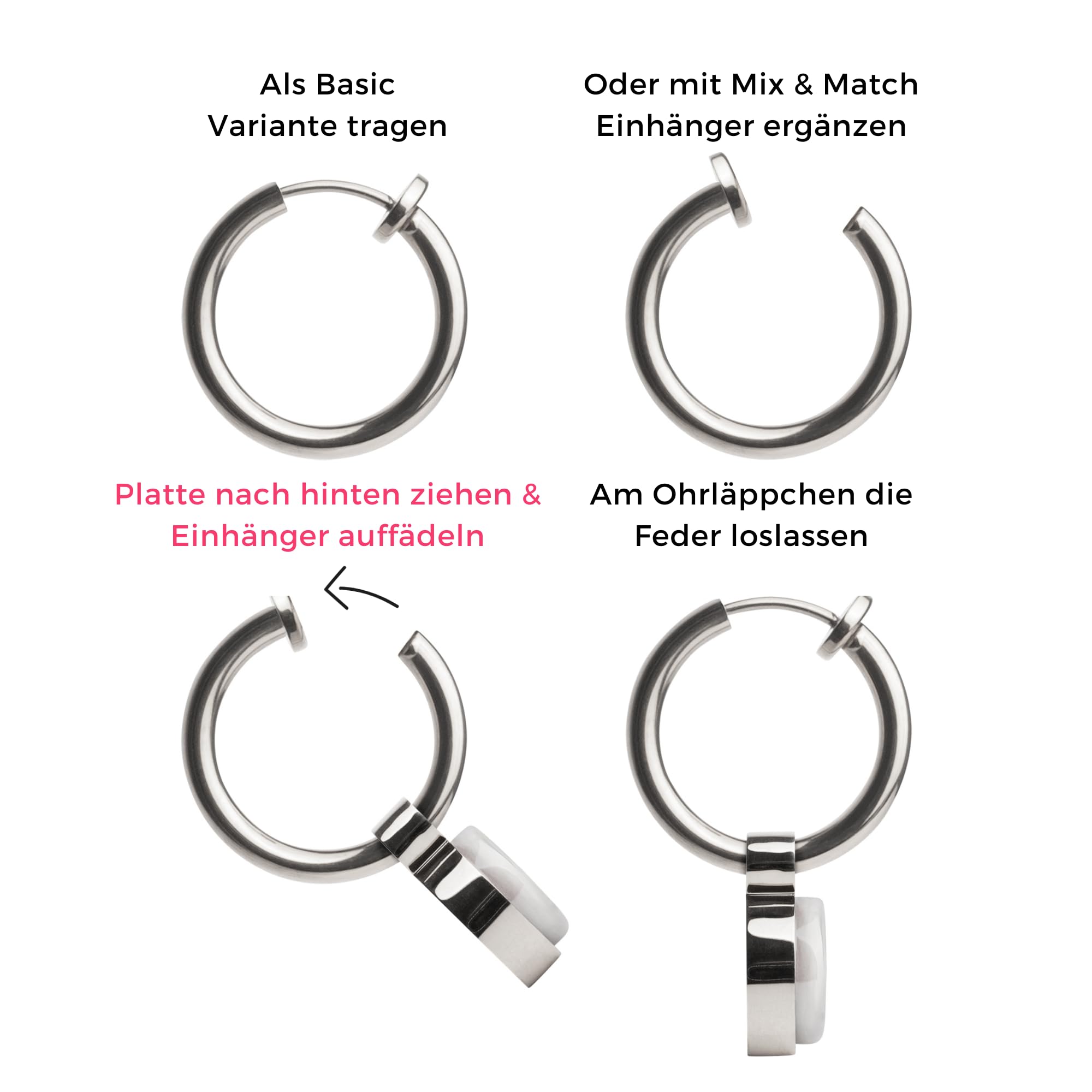Ohrclips Creolen Silber • Clip Ohrringe mit Charm zum Wechseln • Edelstahl & recyceltes Glas • nachhaltig & handmade • MIX AND MATCH • Ø 18 mm