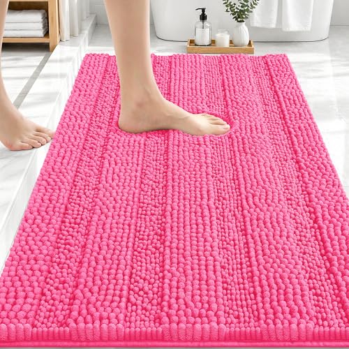 Image of OLANLY Thick Bathroom Rugs 30x20, Extra Soft Absorbent Chenille Striped Bath Rugs, Rubber Backing, Machine Wash Dry, Bath Mats for Bathroom Floor, Tub and Shower, Home Decor Accessories, Hot Pink